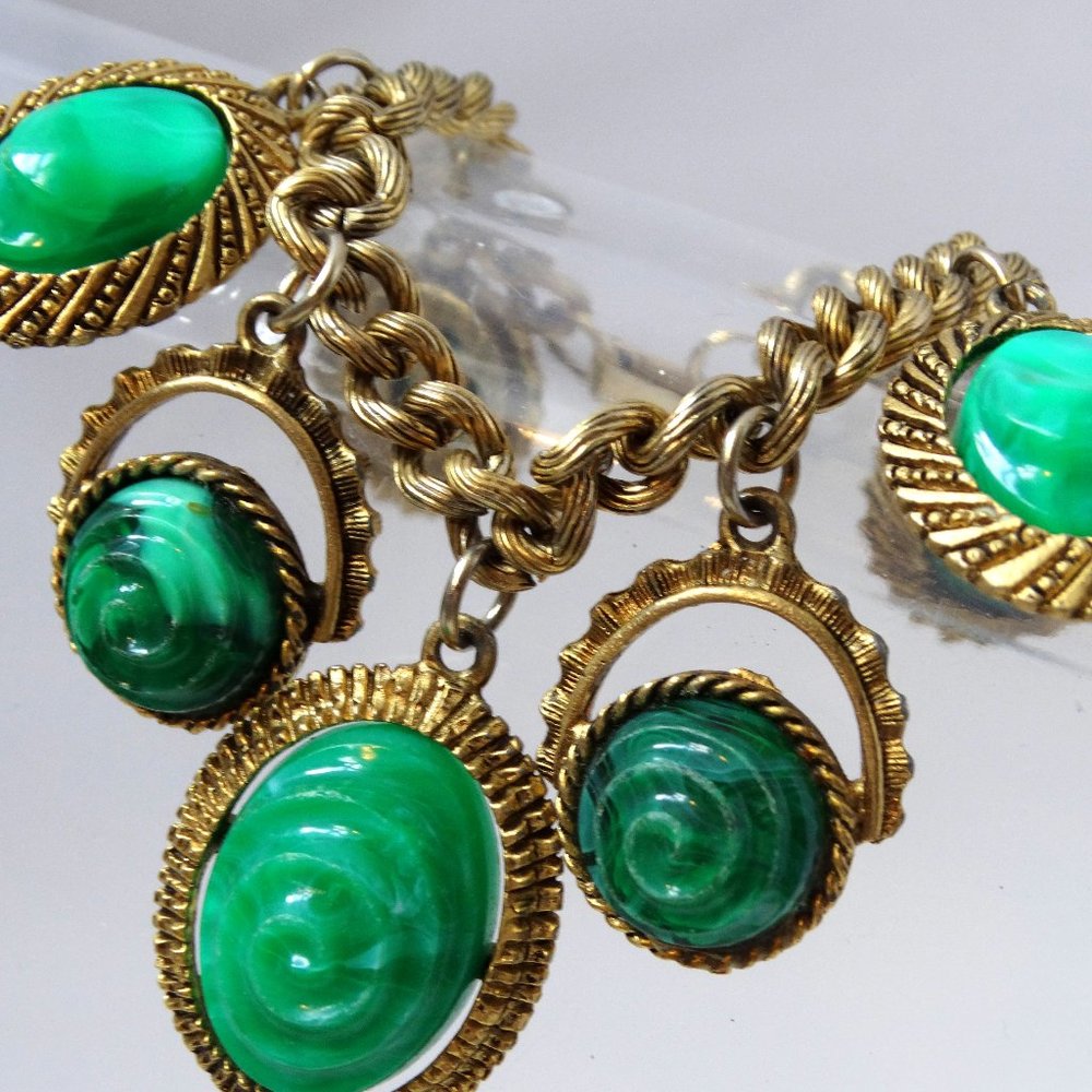 Vtg Faux Jade Marbled Lucite Chunky Carved Massive Huge Charms ChaCha Bracelet